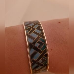 Chico's Silver and Enamel Bangle Bracelet with Chevron Design NWT